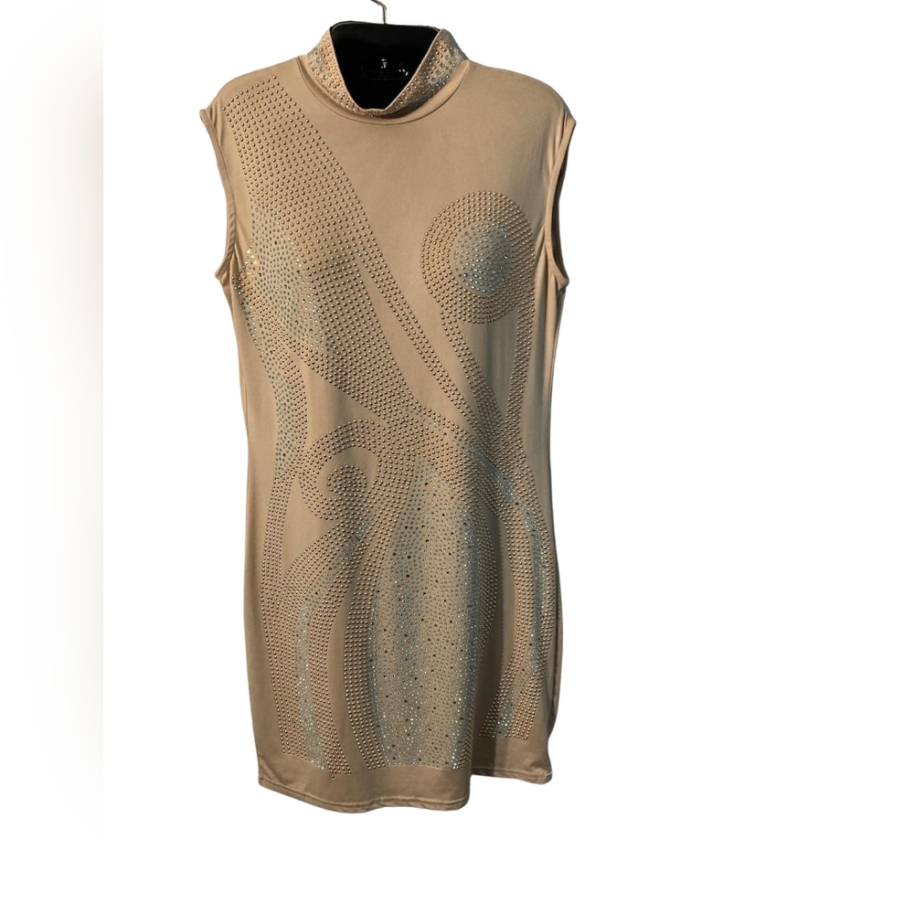 Tan Beaded Dance Mini Dress.